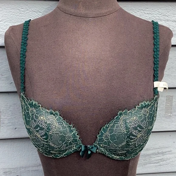NWOT Aerie Deep Green & Gold Lace Emma Push Up Bra 32A - Picture 2 of 7